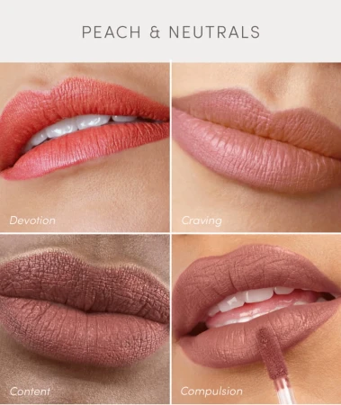Na grafice przedstawiono cztery odcienie błyszczyków marki Jane Iredale z kategorii Peach & Neutrals (brzoskwiniowe i neutralne). Każdy z nich ukazany jest na ustach, co pozwala ocenić ich kolor i wykończenie