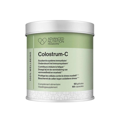 Biała, cylindryczna puszka z zieloną etykietą zawierająca suplement diety Colostrum-C marki Advanced Nutrition Programme. Etykieta informuje o zawartości 60 kapsułek wspierających układ odpornościowy.