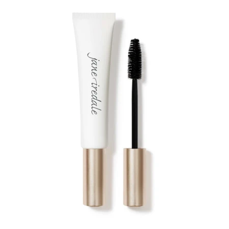 Na zdjęciu jest tusz do rzęs Jane Iredale Longest Lash Mascara. Nietypowa forma białej tubki  zakończonej elegancką, złotą zakrętką.  Dołączona klasyczna szczoteczka o gęstym włosiu, zaprojektowana, by nadawać objętość i długość.