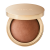 Na zdjęciu widoczny jest prasowany bronzer marki INIKA Organic w eleganckim, okrągłym opakowaniu w kolorze satynowego złota. Pokrywka z subtelnym logo "INIKA" została lekko uchylona, ukazując wypiekany kosmetyk o ciepłym, karmelowo-brązowym odcieniu