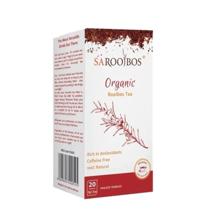 Pudełko herbaty SAROOBOS Organic Rooibos Tea. Opakowanie w kolorach białym i czerwonym z ilustracją gałązki rooibosa. Zawiera 20 torebek. Produkt organiczny, bezkofeinowy, bogaty w antyoksydanty, w 100% naturalny.