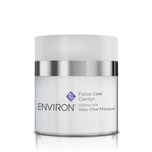Elegancki słoiczek maski ENVIRON Hydroxy Acid Sebu Clear Masque o pojemności 50 ml  w kolorach biało - fioletowych ze srebrnymi elementami, z pompką typu airless, co zapewnia higieniczne i precyzyjne dozowanie.