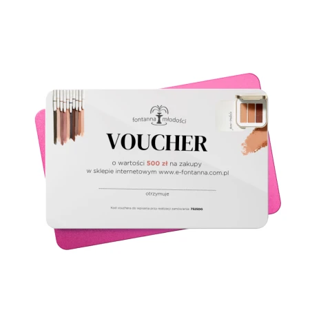 Voucher na kwotę 500 zł na zakupy w sklepie internetowym www.e-fontanna.com.pl. Duży napis VOUCHER, niżej  informacja „o wartości 500 zł na zakupy”.  Na dole miejsce na wpisanie osoby obdarowanej i kod vouchera. W tle widać twarz kosmetyki jane iredale.