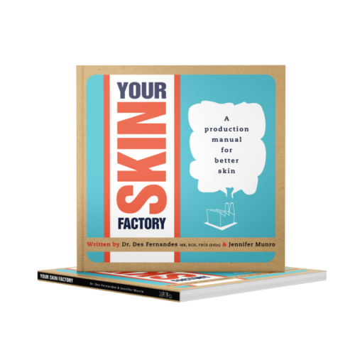 Okładka książki w języku angielskim. Tytuł „Your Skin Factory” zapisany dużymi literami nowoczesną czcionką. Tekst w chmurce, na niebieskim tle „A production manual for better skin” sugeruje praktyczne porady codziennej pielęgnacji.