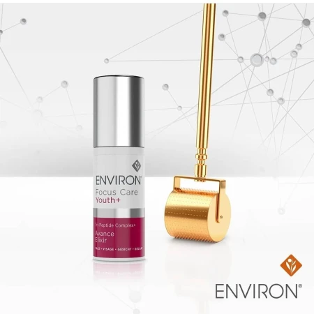 Zdjęcie promujące jednoczesne stosowanie serum Avance Elixir i derma roller Gold-Cit. W tle grafika z połączonymi punktami (a`la sieć neuronową lub strukturę molekularną), która podkreśla naukowe podejście i zaawansowaną technologię w kosmetykach Environ.