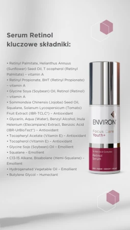 Po prawej stronie butelka ENVIRON Tri-Retinoid Complex Retinol Serum  w kolorze białym, ze srebrną nakrętką i biało-bordową etykietą. Po lewej stronie lista składników aktywnych kremu.