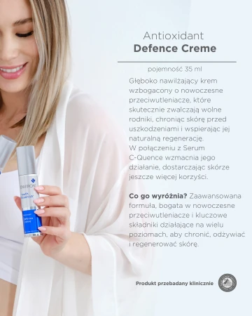 Butelka kremu Defence Creme Plus, trzymana przez uśmiechniętą kobietę ubraną w białą szatę, co podkreśla czystość i pielęgnacyjny charakter produktu. Opis po prawej stronie podkreśla naukowe podejście marki, skuteczność działania składników aktywnych