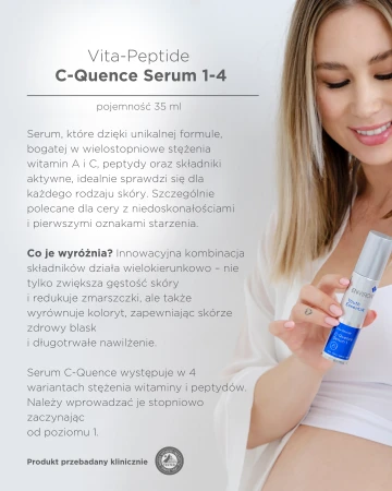 Po lewej stronie opis serum Environ Vita-Peptide C-Quence Serum 1–4 z linii Youth EssentiA. Po prawej stronie zdjęcia widzimy uśmiechniętą kobietę, trzymającą opakowanie serum – co podkreśla bezpieczeństwo i łagodność działania produktu.