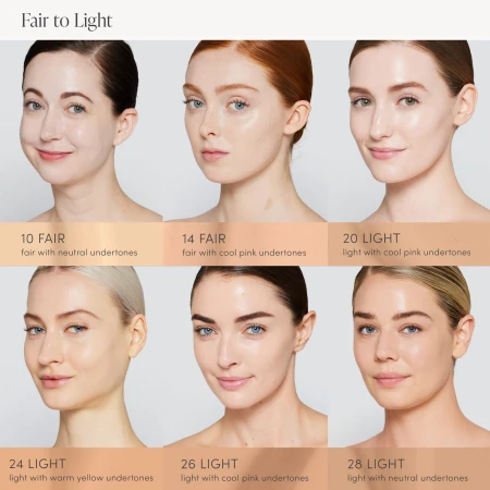 To zdjęcie to tabela odcieni podkładu Jane Iredale Skintuition SPF 30 Radiance-Boosting Liquid Foundation. Pomaga dobrać odpowiedni kolor produktu do odcienia i podtonu skóry dzięki pokazaniu twarzy modelek w różnych odcieniach.