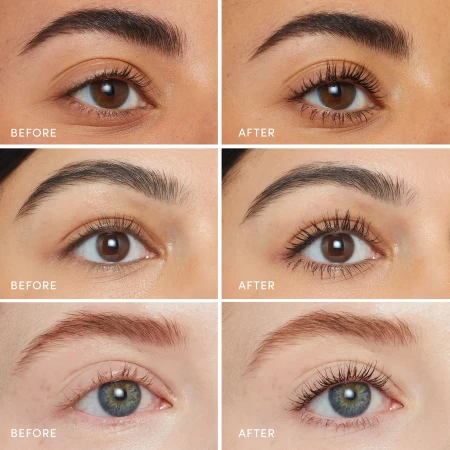 Na zdjęciu są trzy pary oczu modelek przed  i po pomalowaniu rzęs tuszem  Lash Fixation Tubing Mascara. Rzęsy są wyraźnie dłuższe, gęstsze i dobrze rozczesane.