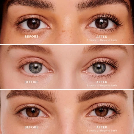 Na zdjęciu są trzy pary oczu modelek przed  i po pomalowaniu rzęs tuszem Beyond Lash Volumizng Mascara. Rzęsy są wyraźnie dłuższe, gęstsze i dobrze rozczesane.