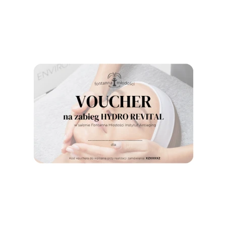 Voucher na zabieg Hydro Revital w salonie Fontanna Młodości Instytut Antiaging.  Na nim znajdują się tytuł,  logo salonu, miejsce na imię osoby obdarowanej, kod. W tle jest leżąca kobieta z opaską na głowie podczas masażu. Voucher ma elegancki wygląd.
