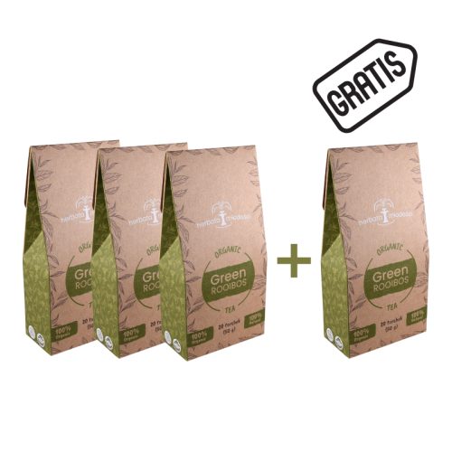 Brązowe kartonowe opakowanie herbaty „Herbata Młodości Organic Green Rooibos Tea” z zielonymi liśćmi na bocznej ściance, napisem 100% Organic, 100% Natural, zawiera 20 torebek (50 g), 3 opakowania+1 opakowanie gratis