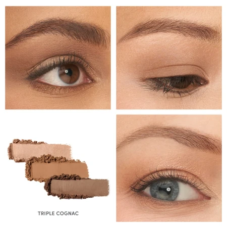 Na zdjęciu widzimy prezentację potrójnego cienia do powiek Jane Iredale Triple Cognac na oczach trzech różnych  modelek.