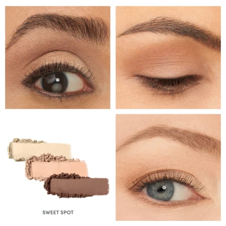 Na zdjęciu widzimy prezentację potrójnego cienia do powiek Jane Iredale Sweet Spot na oczach trzech różnych  modelek.