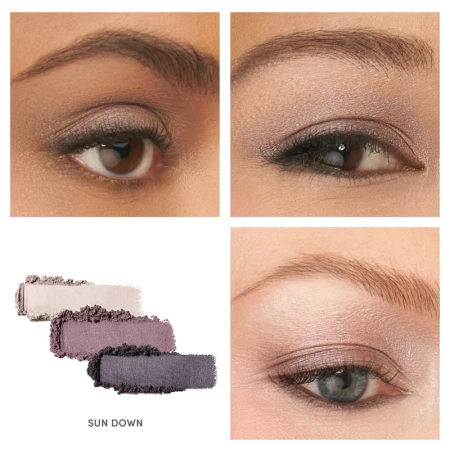 Na zdjęciu widzimy prezentację potrójnego cienia do powiek Jane Iredale Sundown na oczach trzech różnych  modelek.