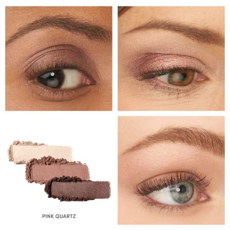 Na zdjęciu widzimy prezentację potrójnego cienia do powiek Jane Iredale Pink Quartz na oczach trzech różnych  modelek.