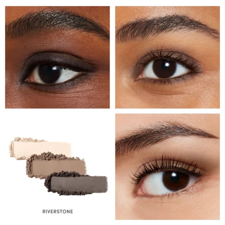 Na zdjęciu widzimy prezentację potrójnego cienia do powiek Jane Iredale Riverstone na oczach trzech różnych  modelek.