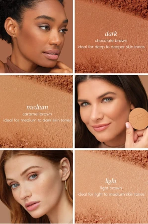 Na zdjęciu pokazano na trzech modelkach trzy odcienie bronzera PureBronze Matte Jane Iredale wraz z propozycją dla różnych tonów skóry:  Light (jasny brąz) –Medium (karmelowy brąz), Dark (czekoladowy brąz).