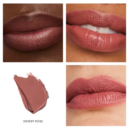 Na zdjeciu szminka Jane iredale w odcieniu Desert Rose, pokazana na ustach modelki. To ciepły, stonowany róż z delikatnymi brązowo-łososiowymi tonami i subtelnym satynowym wykończeniem. Idealny jako codzienny, elegancki kolor ust