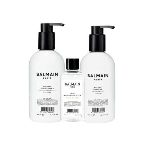 Zestaw BALMAIN Paris VolumegSet – komplet nadających objętości i nawilżających kosmetyków do włosów w eleganckim opakowaniu. Butelki o minimalistycznym, biało-czarnym designie z logo BALMAIN.