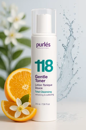 Na zdjęciu widoczna butelka Purles – 118 Gentle Toner. To produkt w białym, smukłym opakowaniu z pompką i przezroczystą nakrętką. W tle widać owoc pomarańczy i krople wody.