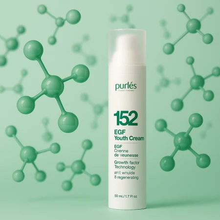 Na zdjęciu kosmetyk Purlés krem EGF Youth Cream 152. Produkt znajduje się w białej butelce zielonymi napisami.  Na etykiecie wyróżnia się numer 152. W tle widać chemiczne cząsteczki w odcieniach zieleni.
