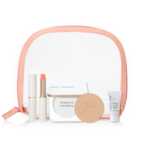 Na zdjęciu zestaw Jane Iredale Forever You który zawiera: puder w wybranym kolorze i białą puderniczkę, pomadkę Firever You, mini bazę Smooth oraz różową kosmetyczkę.