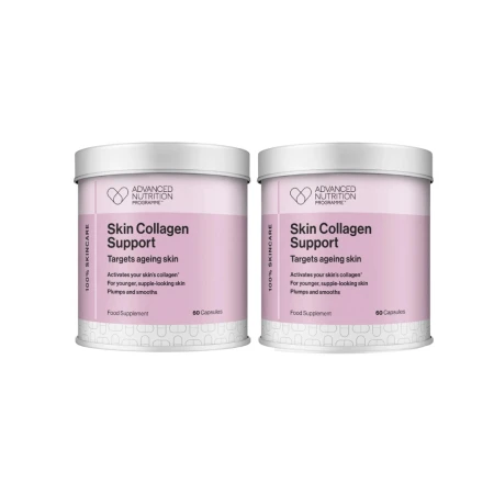 Dwa opakowania suplementu diety Skin Collagen Support marki Advanced Nutrition Programme. Każdy biało-różowy pojemnik zawiera 60 kapsułek wspierających produkcję kolagenu i poprawiających wygląd skóry.