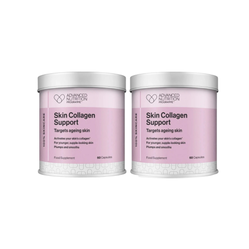 Dwa opakowania suplementu diety Skin Collagen Support marki Advanced Nutrition Programme. Każdy biało-różowy pojemnik zawiera 60 kapsułek wspierających produkcję kolagenu i poprawiających wygląd skóry.