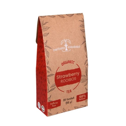 Pudełko herbaty SAROOBOS Rooibos Strawberry Tea. Opakowanie w kolorach białym i różowym z ilustracją gałązki rooibosa z czerwonymi kwiatami. Zawiera 20 torebek. Herbata bezkofeinowa, bogata w antyoksydanty, w 100% naturalna.