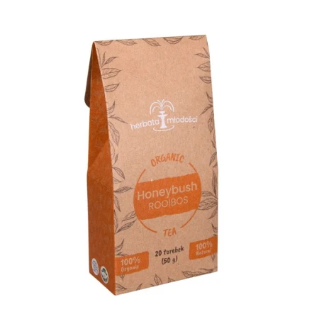 Pudełko herbaty SAROOBOS Rooibos Honeybush Tea. Opakowanie w kolorach białym i pomarańczowym z grafiką kwitnącej gałązki. Zawiera 20 torebek. Produkt bezkofeinowy, bogaty w antyoksydanty, w 100% naturalny.