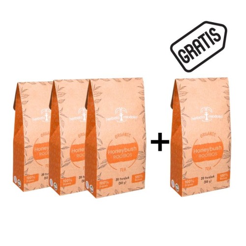 Zestaw czterech opakowań herbaty SA ROOIBOS Rooibos Honeybush Tea na białym tle, w tym jedno oznaczone zieloną etykietą „GRATIS”. Promocja 3+1. Herbata bezkofeinowa, bogata w antyoksydanty.