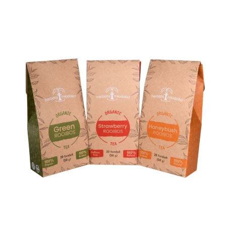 Zestaw trzech różnych herbat SA ROOIBOS ustawionych w półkole: Green Rooibos Tea (zielony), Rooibos Strawberry Tea (czerwony), Rooibos Honeybush Tea (żółty).