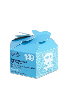 Niebieskie kartonowe opakowanie kosmetyku Purlés 149 Peptide Hydrogel Eye Patches, z zamknięciem w formie złożonych płatków. Na froncie widoczny biały napis z nazwą produktu oraz jego działaniem: "de-puffing & hydrating".