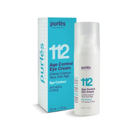 Na zdjęciu jest krem PURLES Age Control Eye Cream 112 – krem do pielęgnacji okolic oczu. Widać butelkę z pompką w białym opakowaniu oraz dopasowane kartonowe pudełko w kolorze turkusowym z fioletowymi napisami.