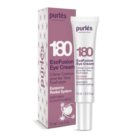 Na zdjęciu kosmetyk marki Purlés krem pod oczy ExoFusion Eye Cream 180. Produkt znajduje się w białej tubce z fioletowymi napisami, a obok niej pokazane jest również opakowanie kartonowe w odcieniach fioletu i bieli. Na etykiecie wyróżnia się numer 180.