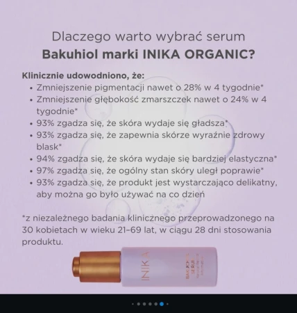 Na grafice przedstawiono argumenty przemawiające za wyborem serum Bakuchiol marki INIKA ORGANIC. Treść została zaprezentowana w przejrzystej, informacyjnej formie na tle w odcieniu pastelowego fioletu, z widocznym w dolnej części zdjęciem produktu.