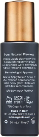 Na zdjęciu znajduje się tył butelki produktu INIKA Organic Radiant Glow Veil na białym tle. Buteleczka jest widoczna od tyłu z opisem działania i używania