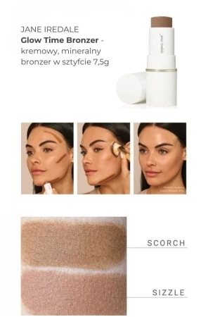 Na zdjęciu widać próbki kolorów produktu Glow time bronzer  w formie swatchy, na damskim przedramieniu o jasnej i średniej karnacji