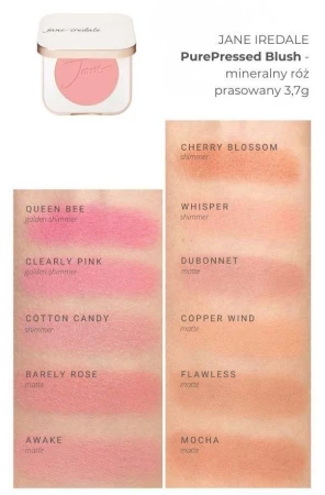 Na zdjęciu widać próbki kolorów produktu purepressed blush w formie swatchy, na damskim przedramieniu o jasnej i średniej karnacji