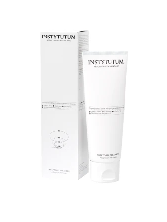INSTYTUTUM Adaptogel Cleanser w białej tubie z dopasowanym, minimalistycznym pudełkiem. Kliniczny design i czysta forma podkreślają profesjonalny charakter żelu oczyszczającego