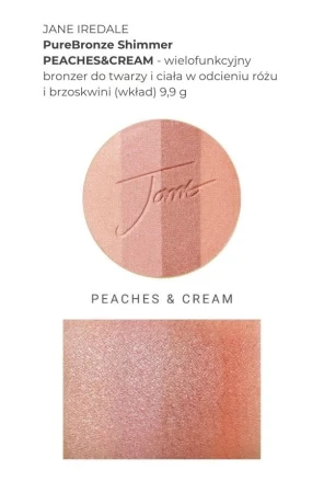 Na zdjęciu widać próbki kolorów produktu purebronze shimmer bronzer peaches&amp;cream w formie swatchy, na damskim przedramieniu o jasnej i średniej karnacji.