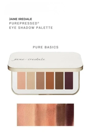 Paleta cieni do powiek jane iredale Pure Basics. Paleta zawiera sześć odcieni w ciepłej, neutralnej tonacji. Na dole pokazane są swatche prezentujące nasycenie i przejścia kolorów.