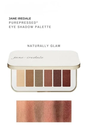 Paleta cieni do powiek jane iredale Naturally Glam. Paleta zawiera sześć ciepłych, rozświetlających odcieni. Na dole widoczne są swatche pokazujące metaliczne i satynowe wykończenie kolorów.