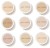 Na zdjęciu widać dziewięć okrągłych pudrów w wersji mini marki Jane Iredale, ułożonych w siatkę 3x3. Każdy z nich ma inny odcień – od bardzo jasnych po nieco ciemniejsze tonacje, idealne do dopasowania do różnych typów cery.