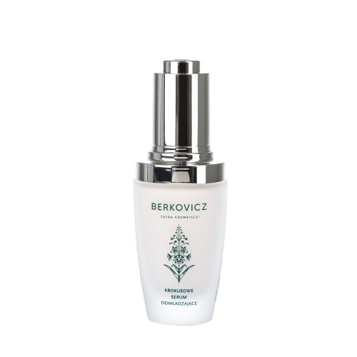Zbliżenie na elegancką butelkę Berkovicz Tatra Cosmetics – Krokusowe Serum Odmładzające. Białe, matowe opakowanie z subtelnym, roślinnym motywem oraz srebrną, lśniącą pompką