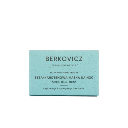 Widoczne jest opakowanie produktu Berkovicz Beta-Karotenowa Maska na noc. Kartonik w turkusowym odcieniu ma minimalistyczny design z czarnymi napisami. Białe tło podkreśla naturalny, elegancki charakter marki oraz profesjonalny wygląd produktu.