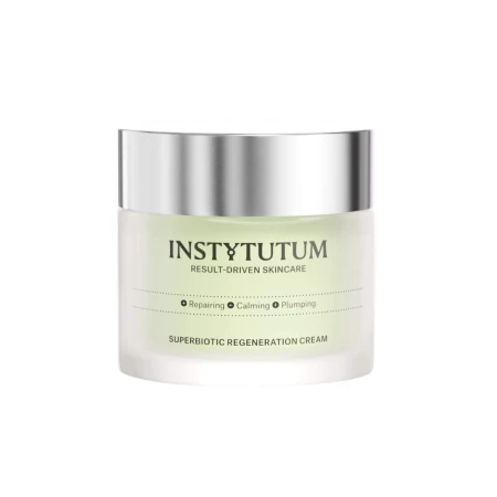 Sam słoiczek Instytutum Superbiotic Regeneration Cream na czarnym tle. Zdjęcie eksponuje eleganckie, luksusowe opakowanie oraz nazwę produktu i jego kluczowe działanie: regenerujące, kojące i wygładzające