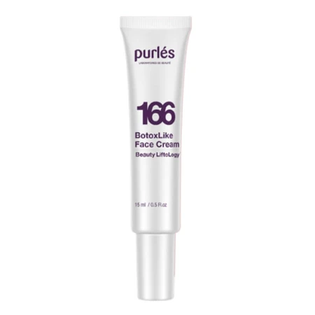 Purles 166 BotoxLike Face Cream – Beauty Liftology, 15 ml. Biała tubka z charakterystycznym, fioletowym oznaczeniem „166” , smukła forma oraz precyzyjny aplikator sugerują wygodne i higieniczne dozowanie kremu.